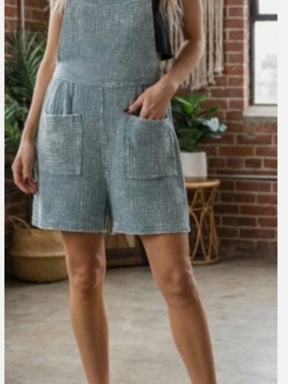 Zenana Women's Cotton Double Gauze Acid Wash Romper Blue Grey Tie Strap-NIB